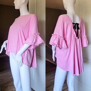 After Market Flutter Elbow Length Oversized High Low Bow Tie Top in Baby Pink
